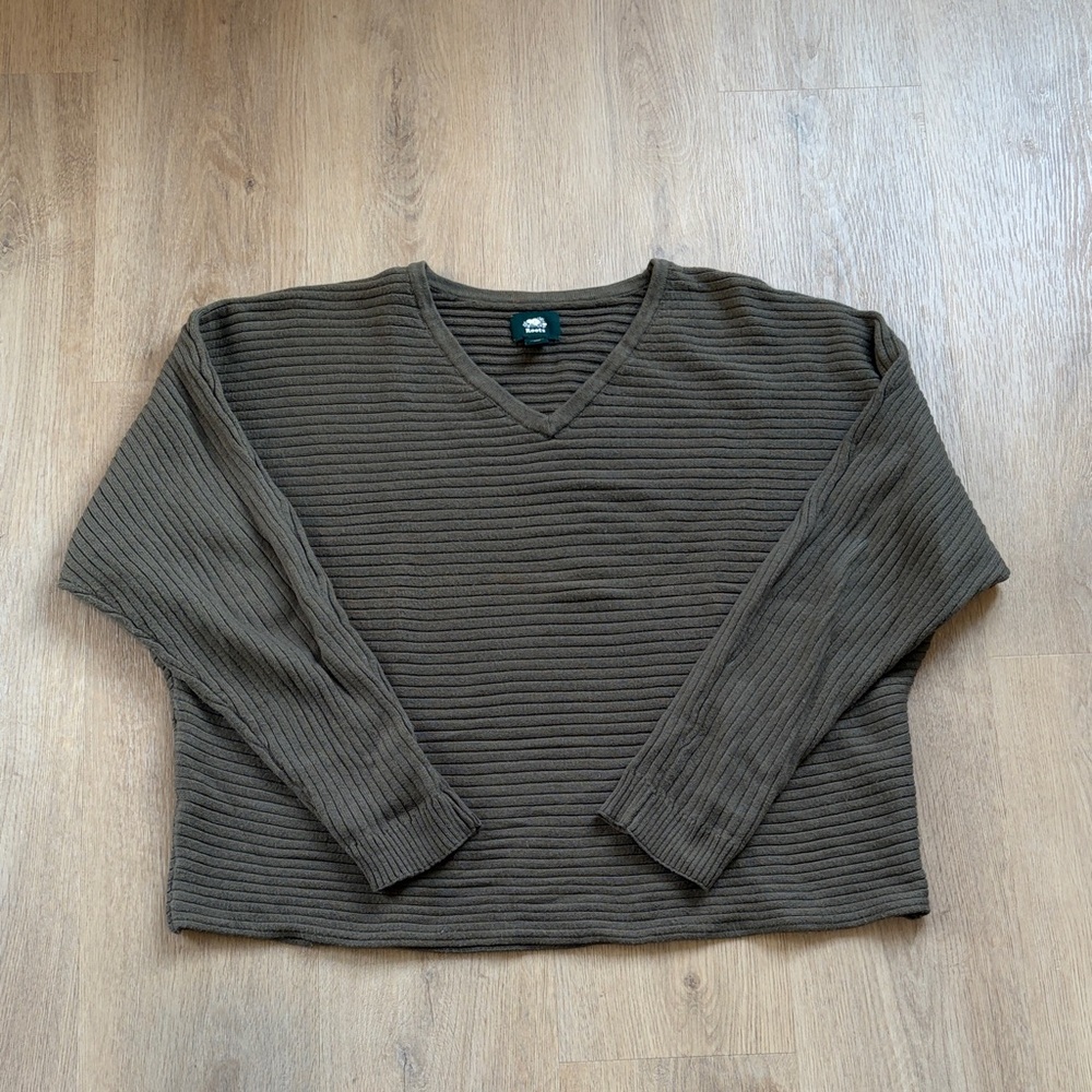 Roots Dark Olive Oversized V-Neck Ribbed Sweater Size Medium